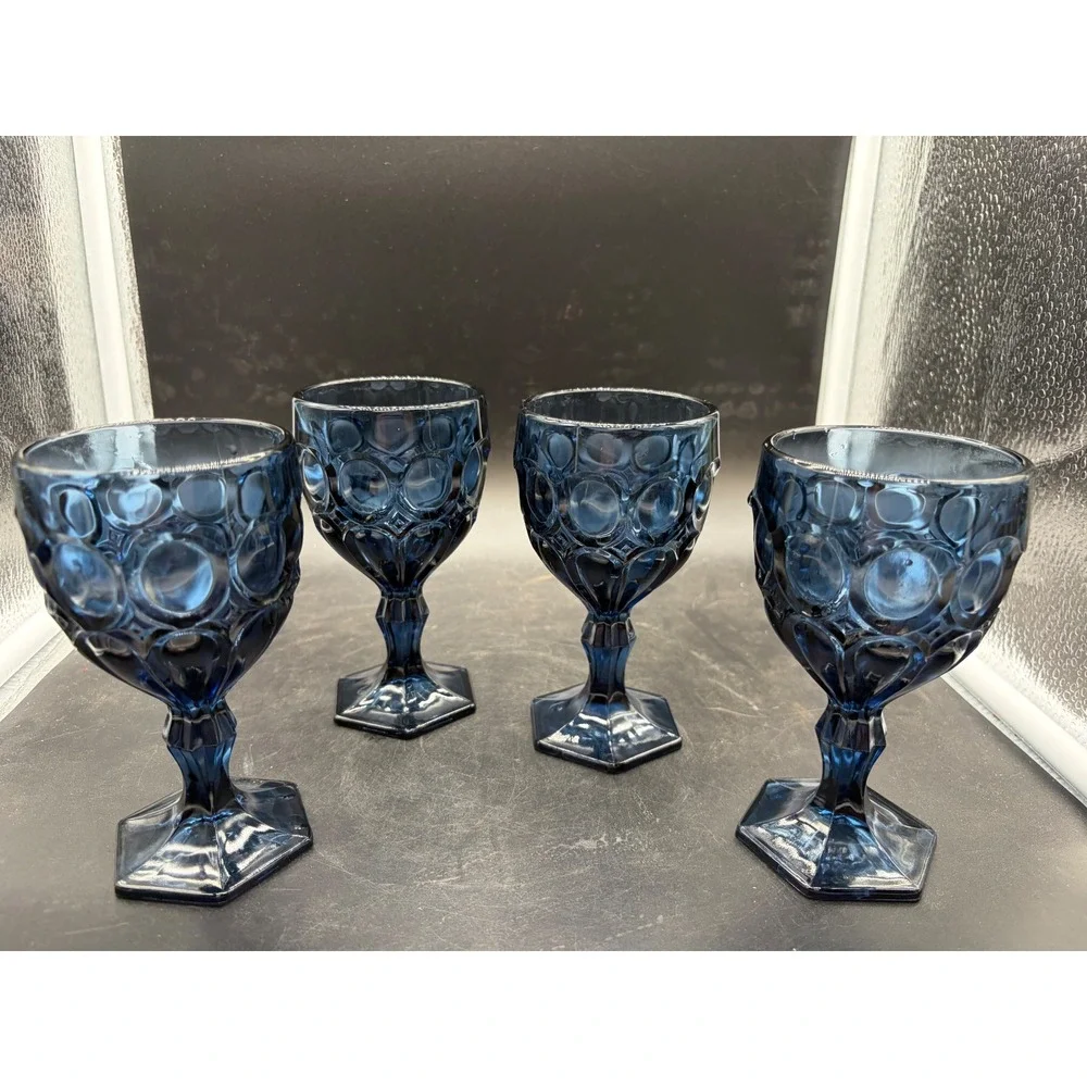 Vintage Cobalt Blue Glass Goblets Thumbprint Kings Crown Water Wine Set of 4